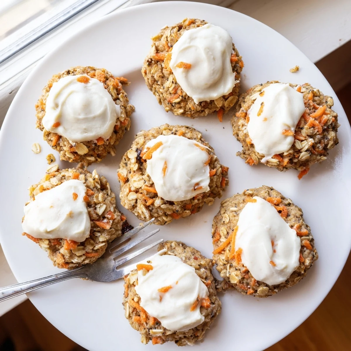 Golden spiced carrot cake cookies sandwiched with tangy cream cheese frosting on wooden board