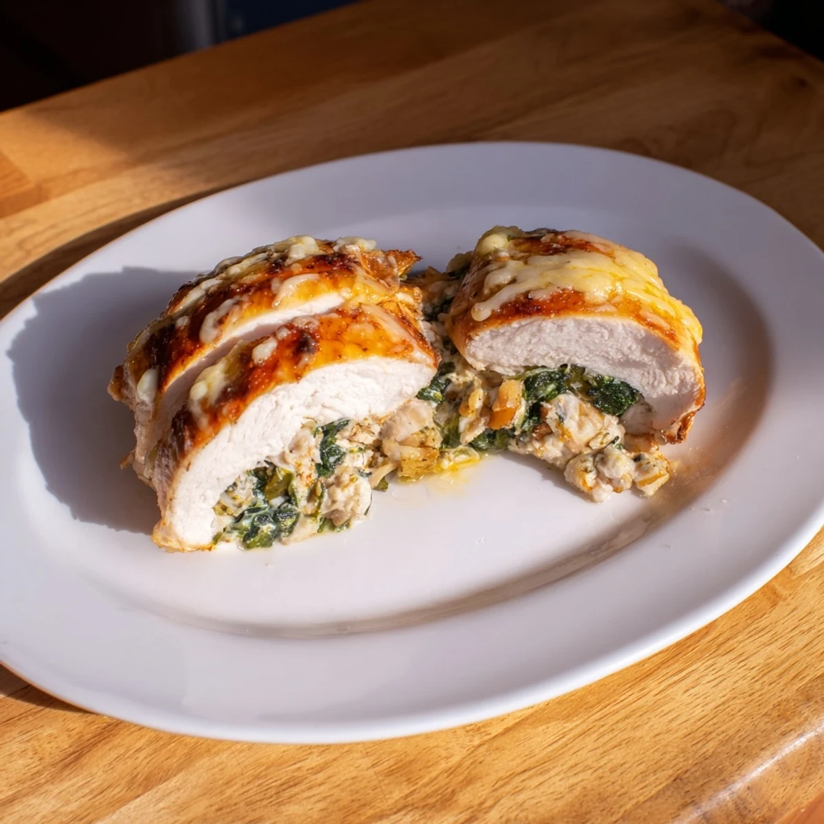 Golden baked spinach ricotta chicken breasts topped with melted mozzarella on a white plate