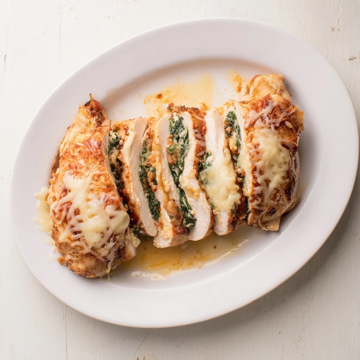 Sliced baked spinach ricotta chicken revealing the green and white cheesy center inside golden brown meat