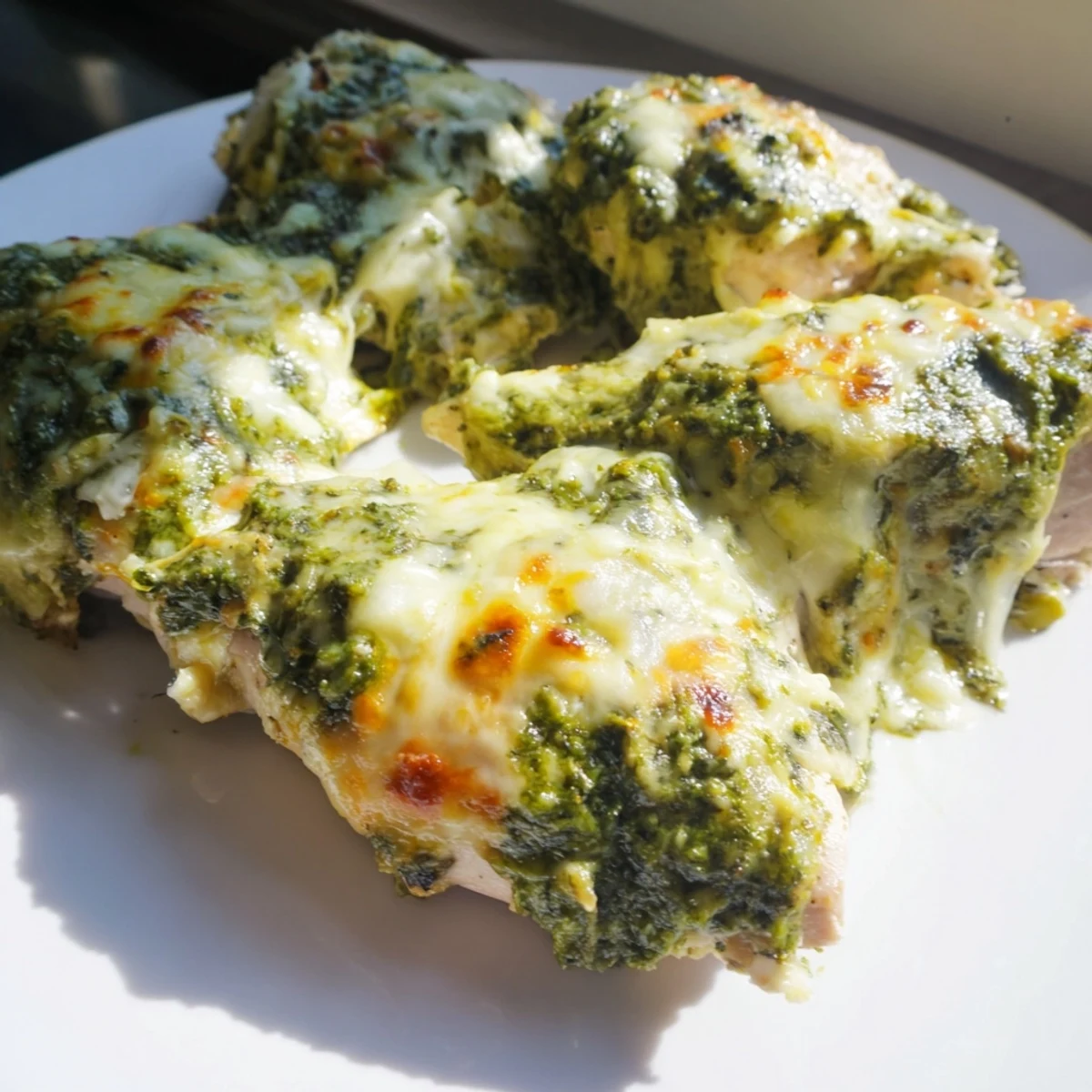 Golden melted mozzarella covers bubbling pesto spinach artichoke chicken fresh from the oven