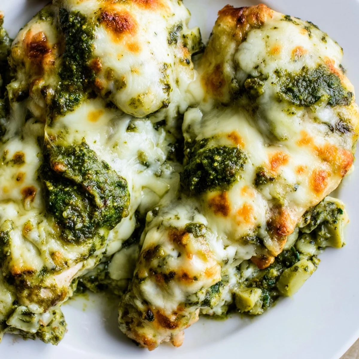Creamy spinach and artichoke topping smothered chicken breasts baked with melted mozzarella cheese