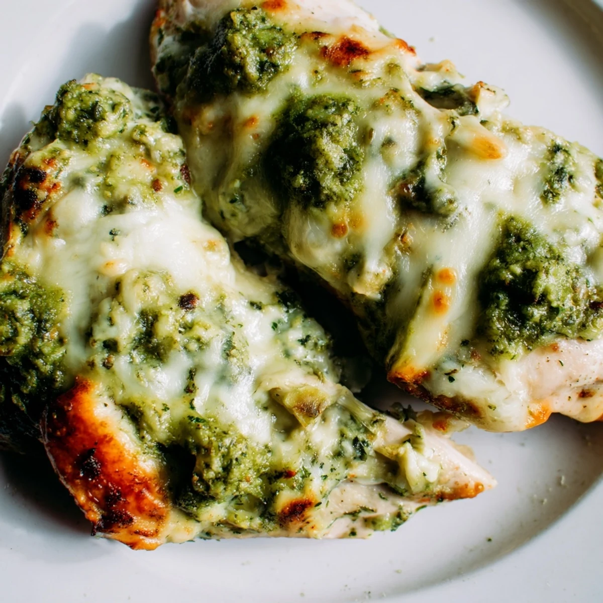 Baked chicken breasts layered with vibrant pesto and cheesy spinach artichoke mixture bubbly hot