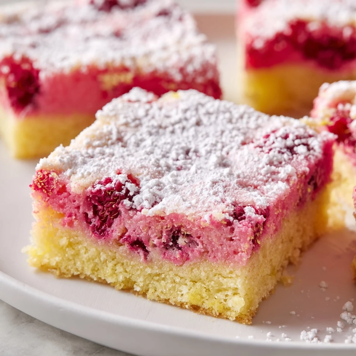 Golden raspberry lemonade bars with buttery shortbread crust and fresh raspberry swirls