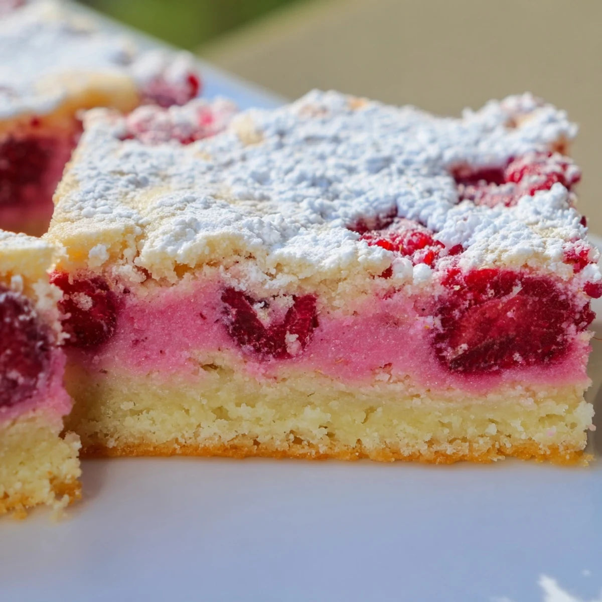 Powdered sugar-dusted raspberry lemonade bars served on a white dessert plate