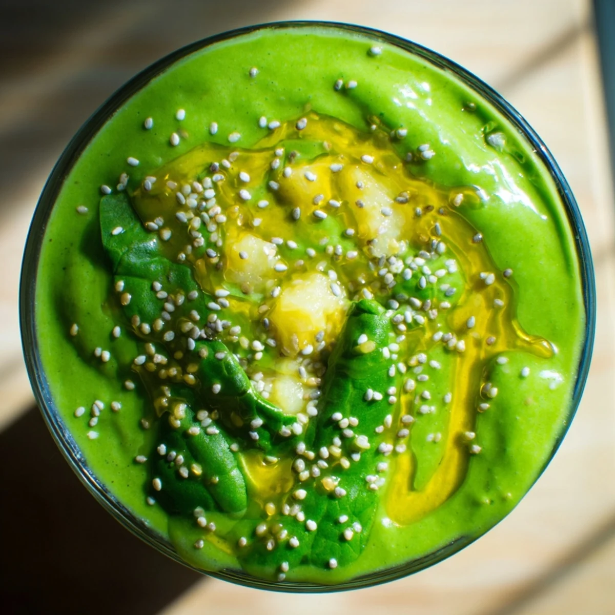 Creamy Greek yogurt green smoothie blended with fresh spinach banana and pineapple in a glass