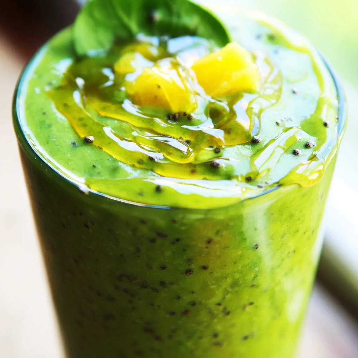 Thick green smoothie bowl topped with granola featuring Greek yogurt spinach and tropical fruits