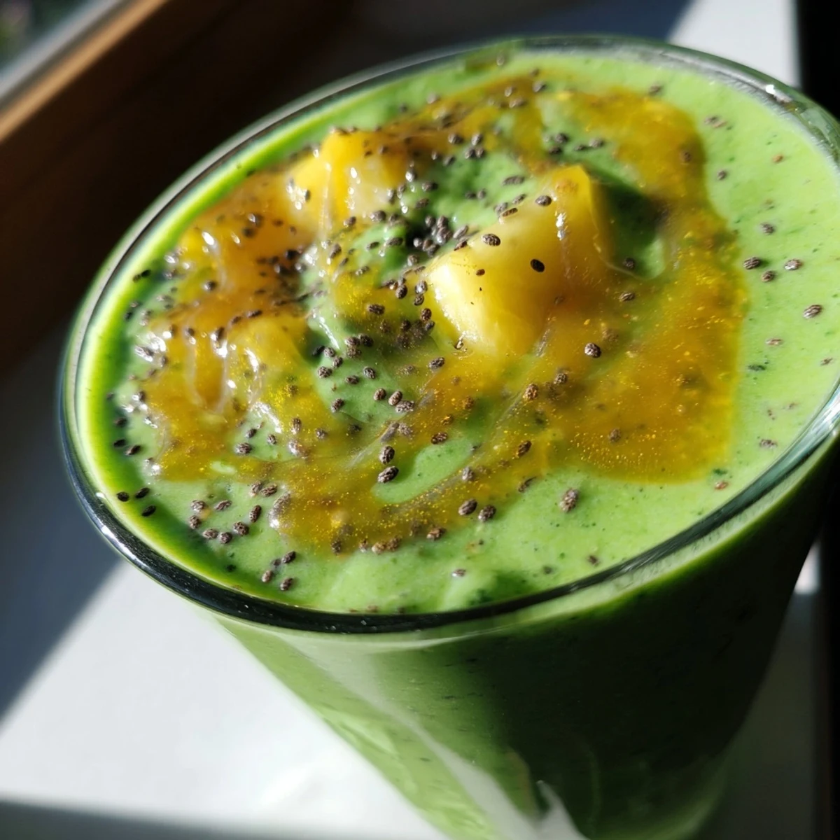 Refreshing protein-packed Greek yogurt green smoothie poured into glasses with ice cubes on a sunny morning
