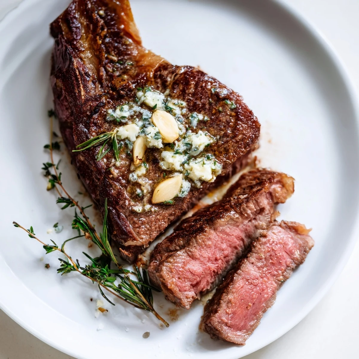 Juicy cast iron ribeye steak basted in aromatic garlic butter with fresh thyme and rosemary sprigs