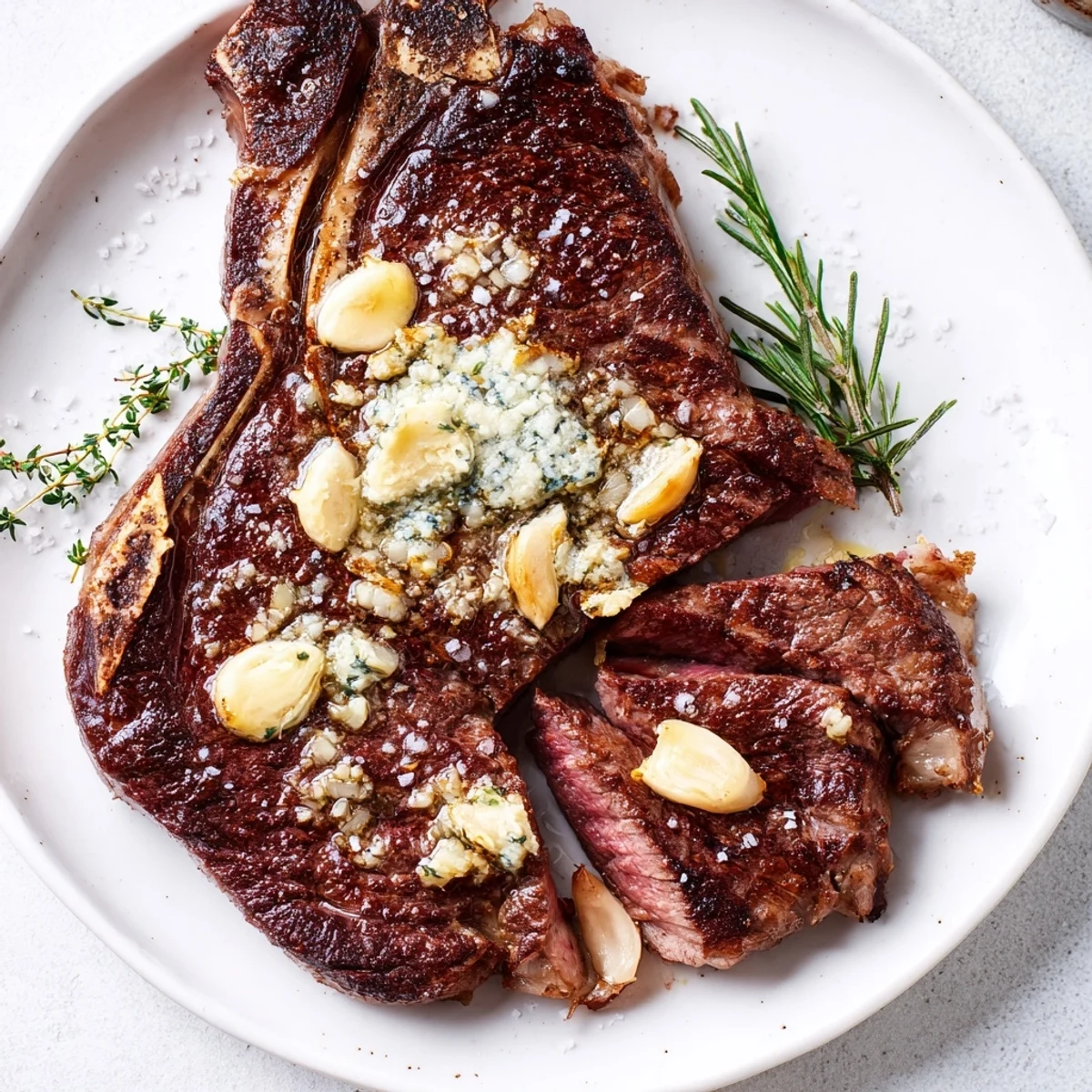 Perfectly seared garlic butter cast iron ribeye steak with golden brown crust and melted herb butter