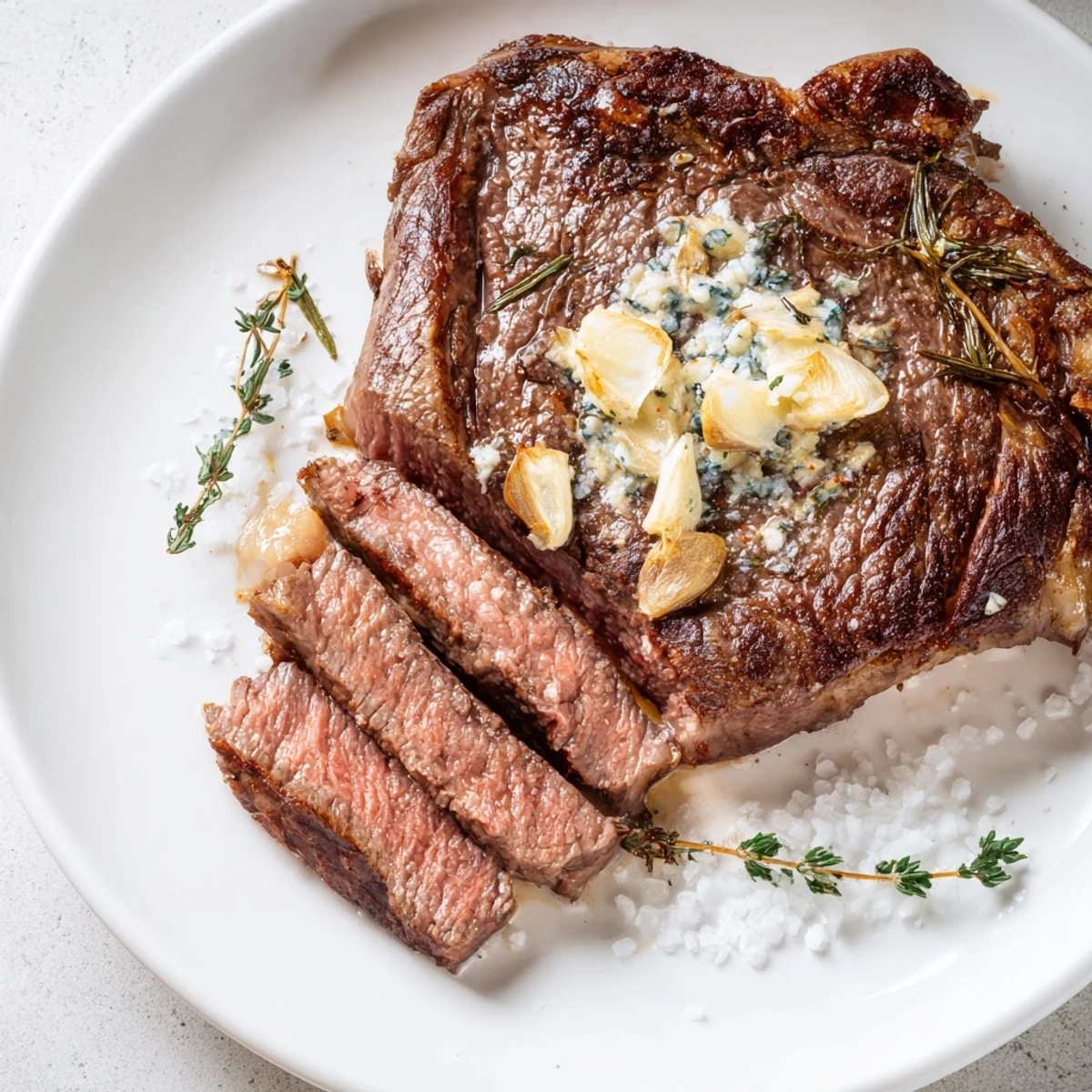 Sizzling garlic butter cast iron ribeye steak served with rich pan juices and flaky sea salt