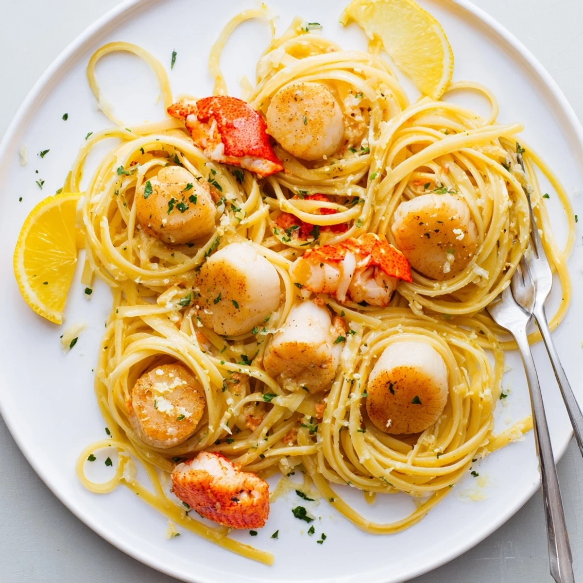 Golden lobster and scallop garlic butter linguine tossed with fresh herbs and lemon zest on a white plate