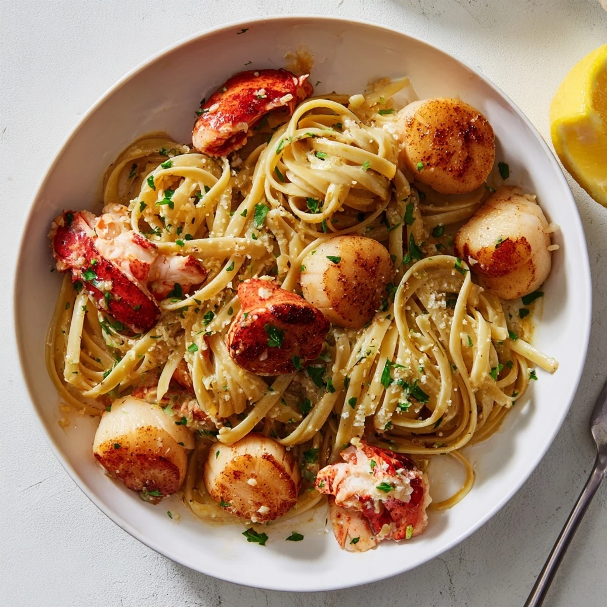 Creamy garlic butter linguine pasta topped with tender seared scallops and sweet lobster chunks garnished with parsley