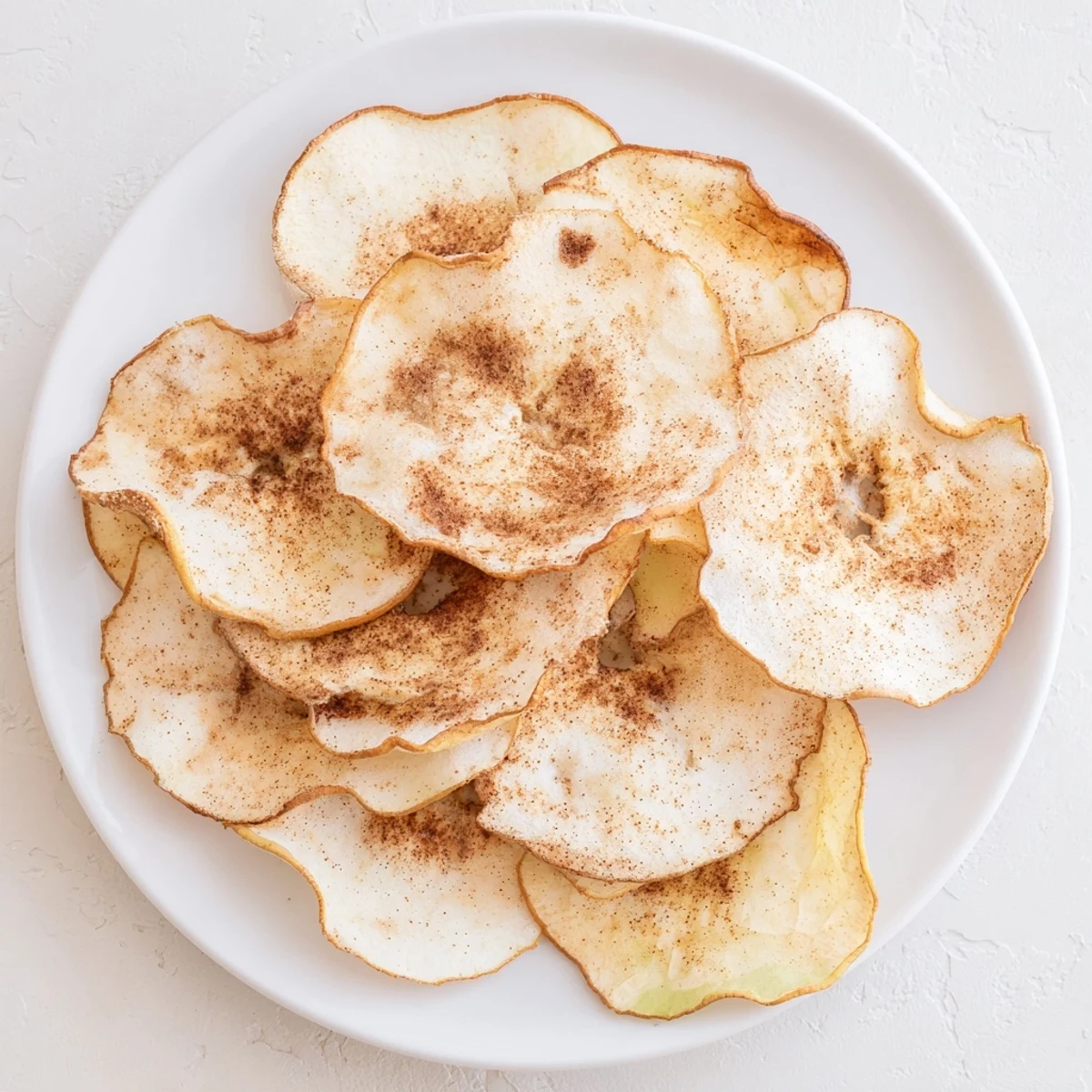 Golden brown crispy air fryer apple chips with cinnamon dusting on white serving plate