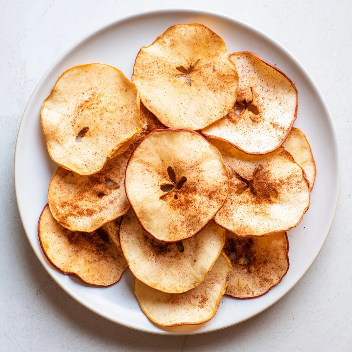 Thinly sliced apple rounds air-fried to crunchy perfection sprinkled with warm cinnamon sugar