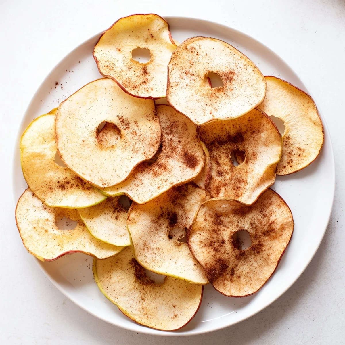Stack of naturally sweet cinnamon apple chips arranged on wooden cutting board after cooking