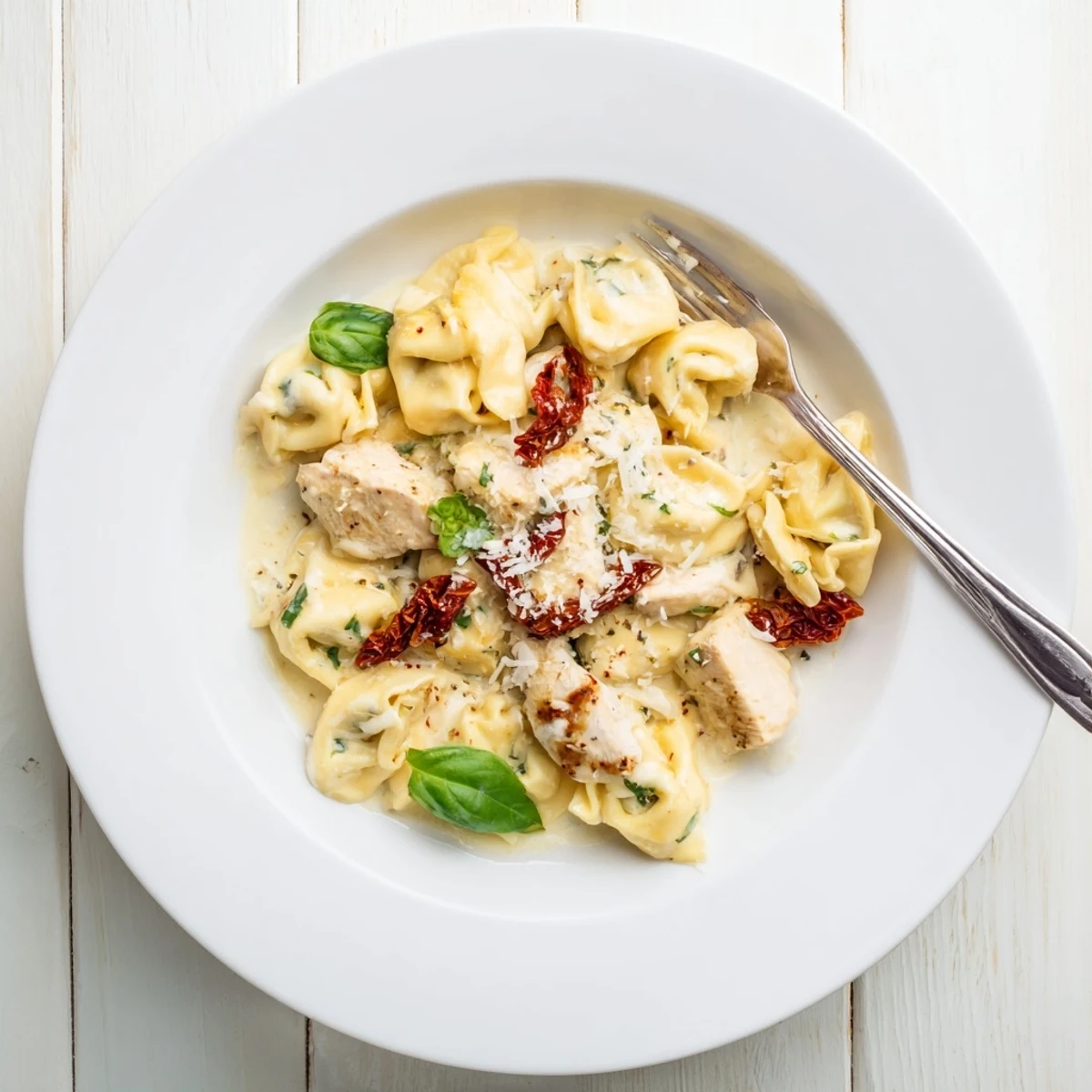 One-pot Marry Me Chicken Tortellini Skillet garnished with fresh basil and extra parmesan cheese