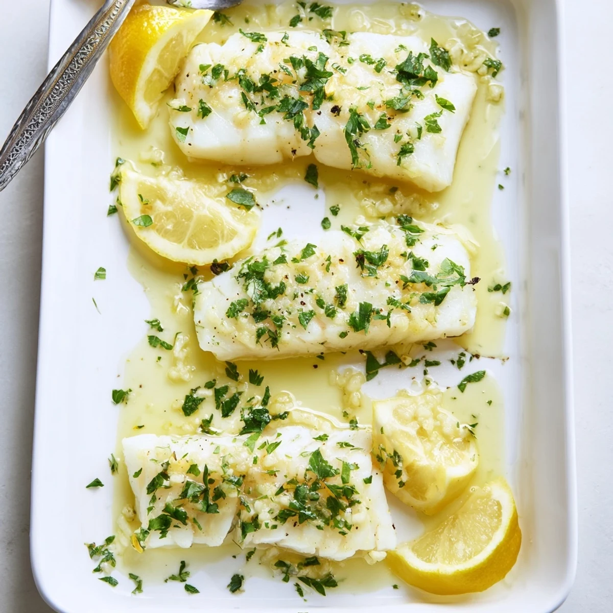 Golden baked cod fillets drizzled with bright lemon garlic butter sauce and fresh parsley