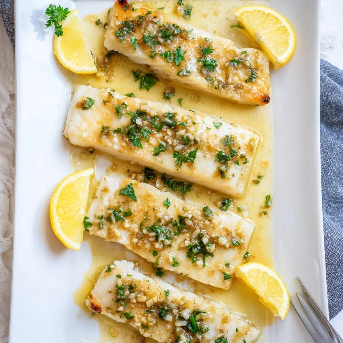 Flaky white cod topped with zesty lemon garlic butter baked to golden perfection in a dish