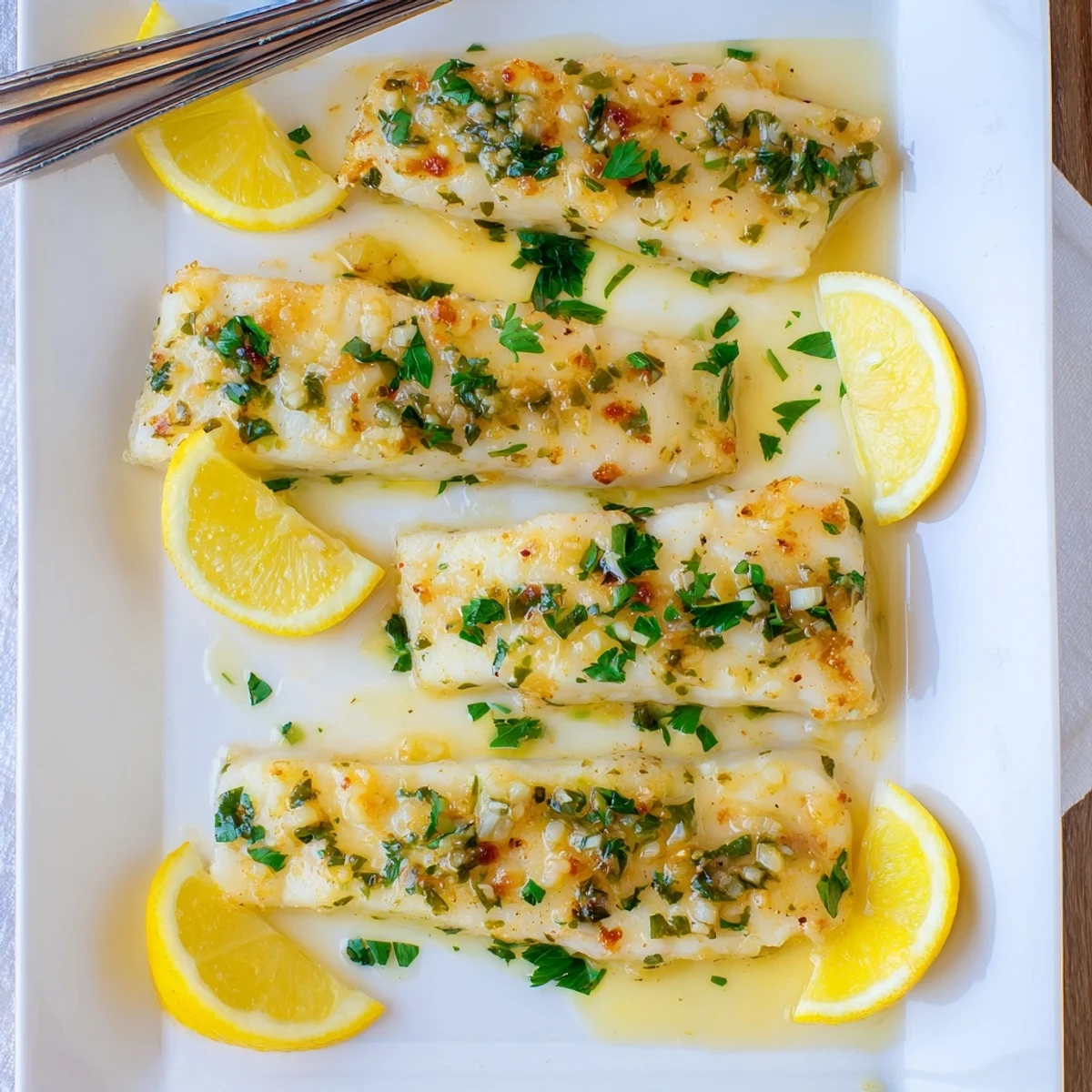 Tender lemon garlic baked cod served on a white plate with fresh lemon wedges garnish