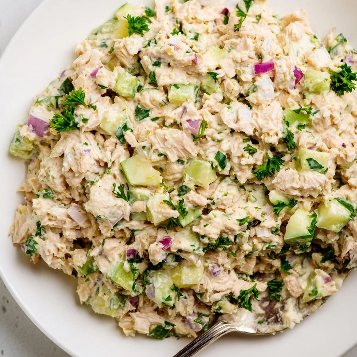 Crisp romaine lettuce cups filled with creamy zesty tuna salad and fresh avocado slices