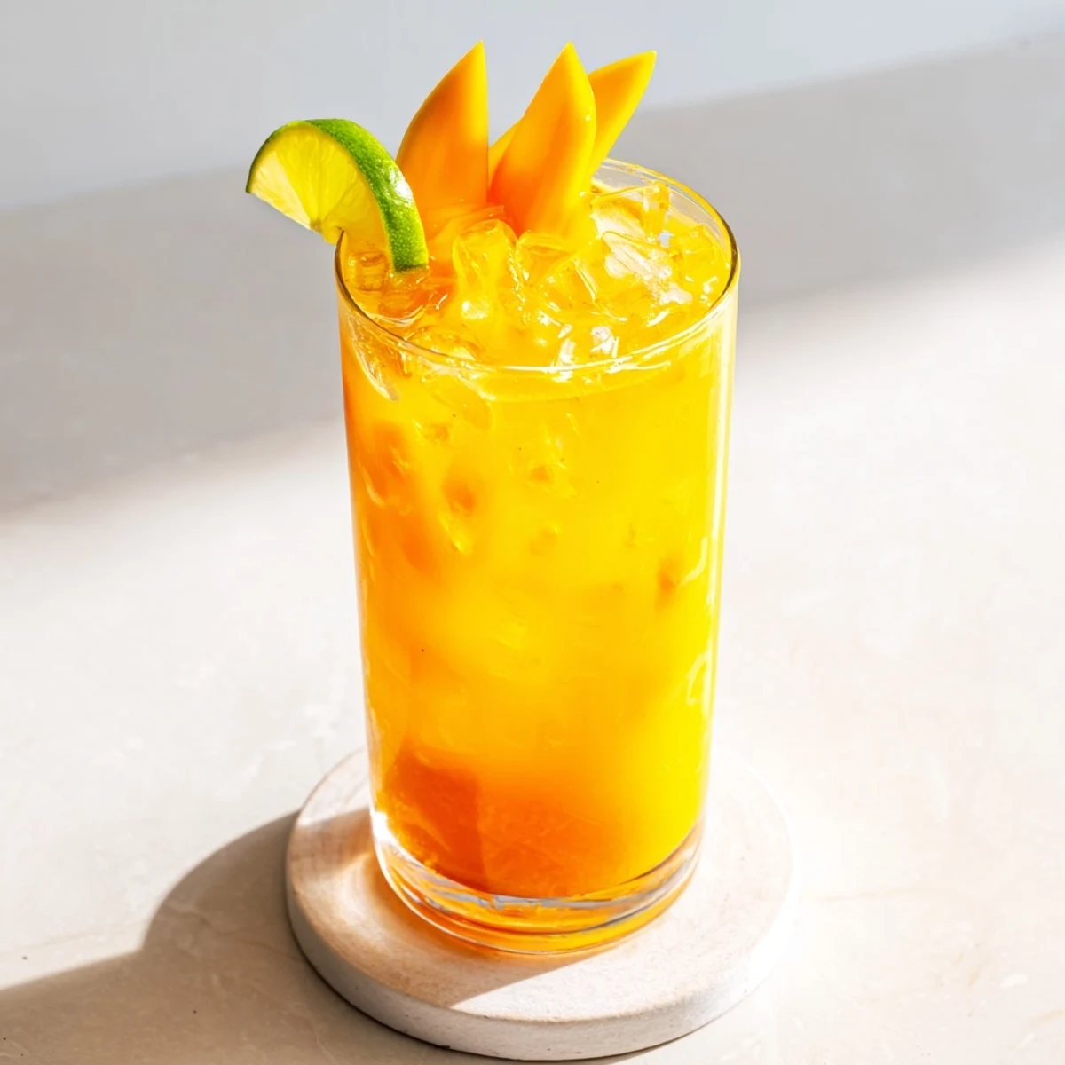 Golden mango ginger mocktail served in clear glasses with ice cubes and fresh mango slices