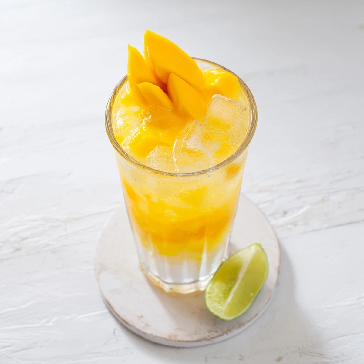 Vibrant non-alcoholic mango ginger mocktail topped with sparkling water and garnished with lime wedges
