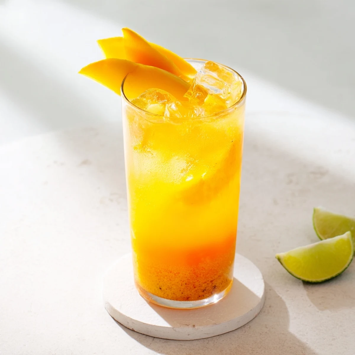 Refreshing blended mango and ginger mocktail poured over ice with mint sprig garnish