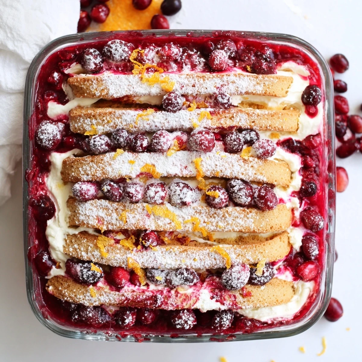 Cranberry and Orange Tiramisu layered with bright red compote and fluffy white mascarpone cream in a glass serving dish.