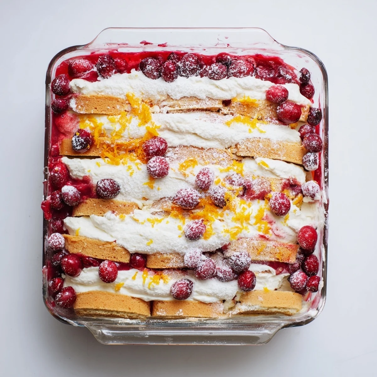 Creamy Cranberry and Orange Tiramisu dessert showing alternating layers of ladyfingers, tart cranberry sauce, and sweet mascarpone filling.