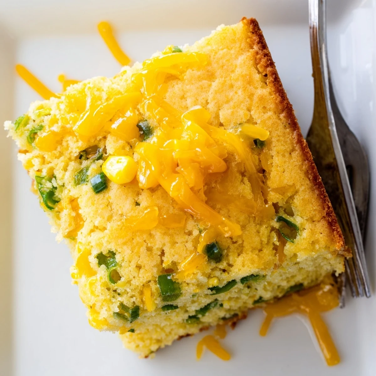 Southern style cornbread with spicy pepper chunks and glossy honey lime coating on a serving plate