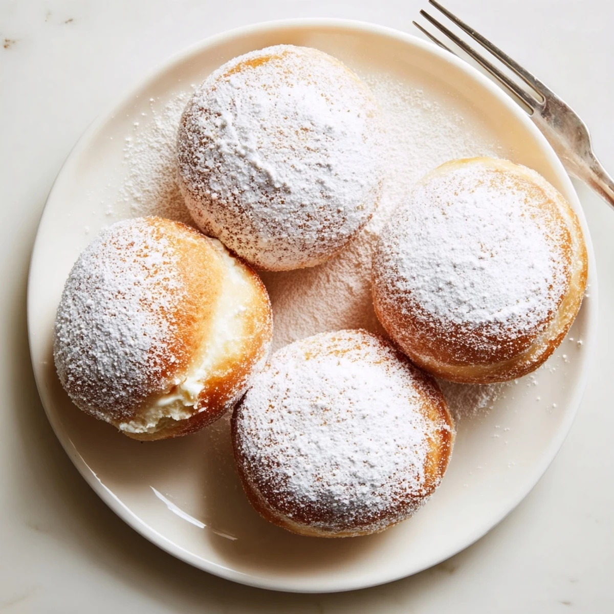 Golden Bomboloni cream donuts dusted with sugar on a white plate