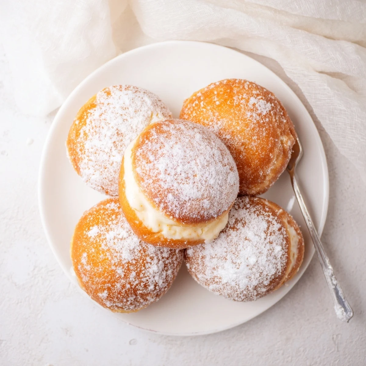 Soft Italian Bomboloni filled with rich vanilla pastry cream and sprinkled with sugar