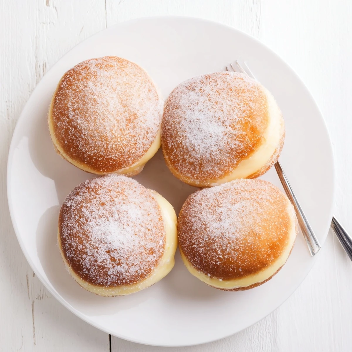 Stack of pillowy Bomboloni cream donuts filled with creamy vanilla custard