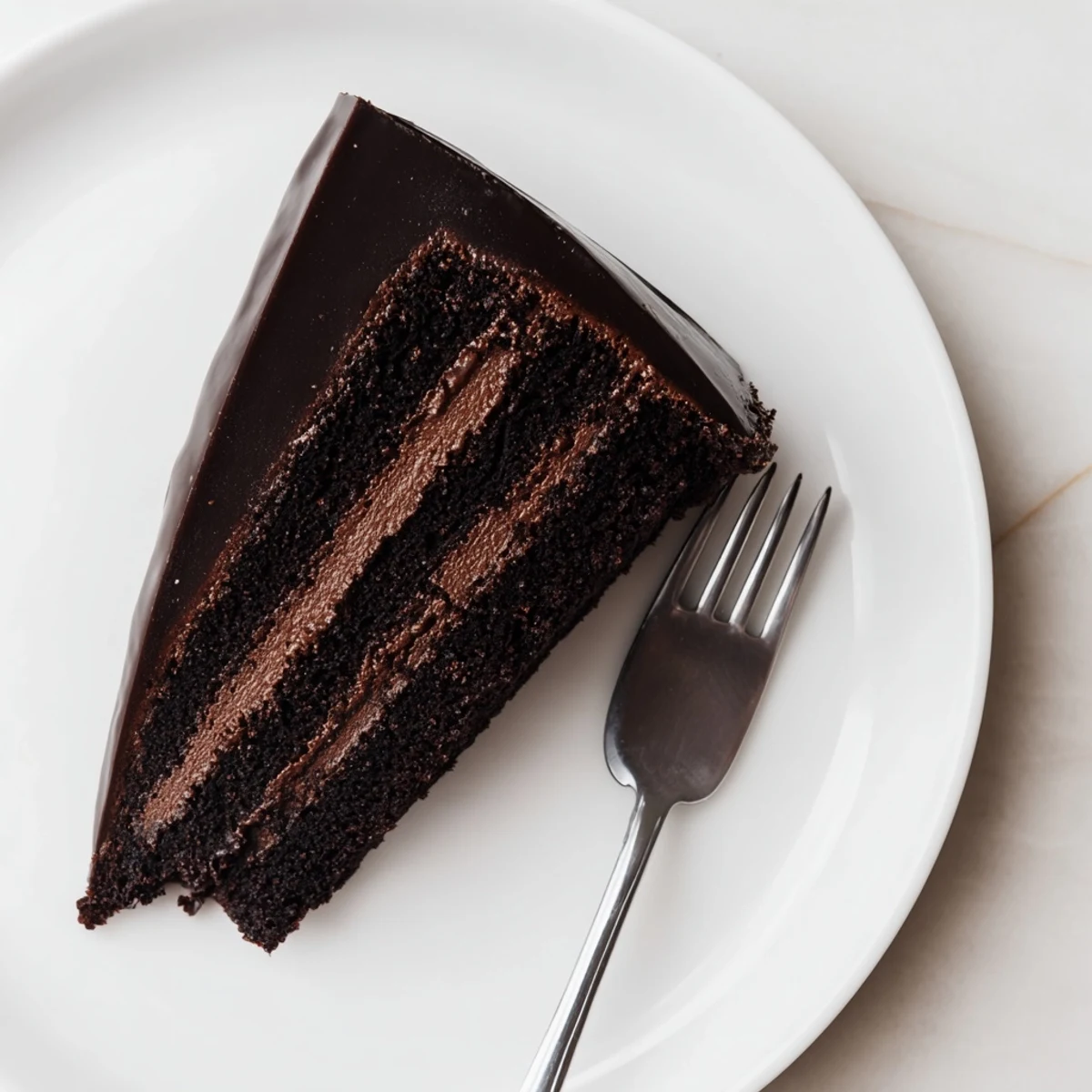 Decadent dark chocolate mousse cake showcasing fluffy mousse and moist sponge beneath smooth ganache topping