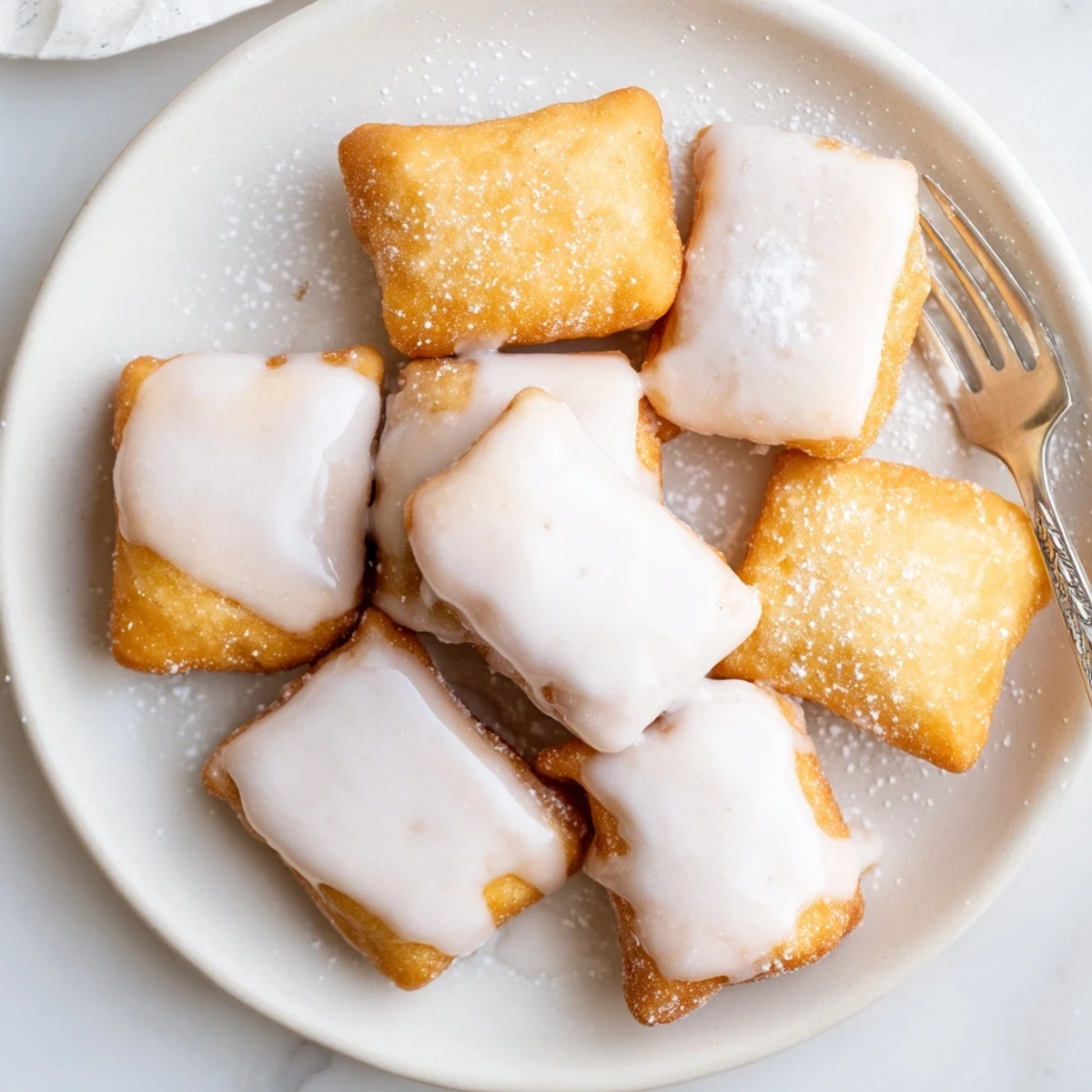 Golden glazed buttermilk beignet squares dusted with powdered sugar on a rustic wooden board