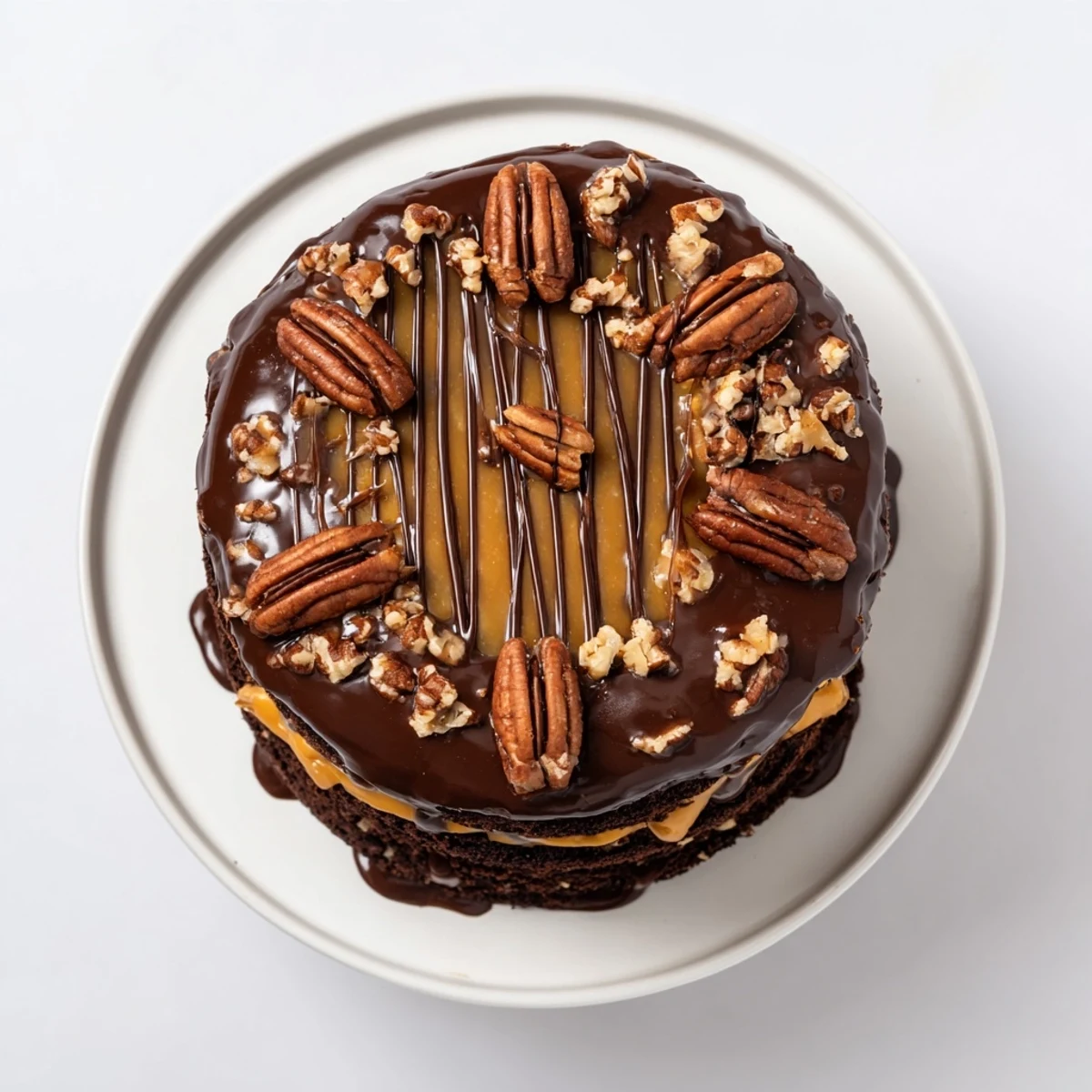 Rich chocolate turtle cake with caramel dripping down the sides and toasted pecans on top