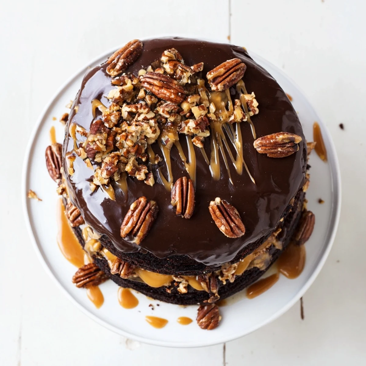 Slice of chocolate turtle cake revealing layers of caramel pecans and ganache on a white plate