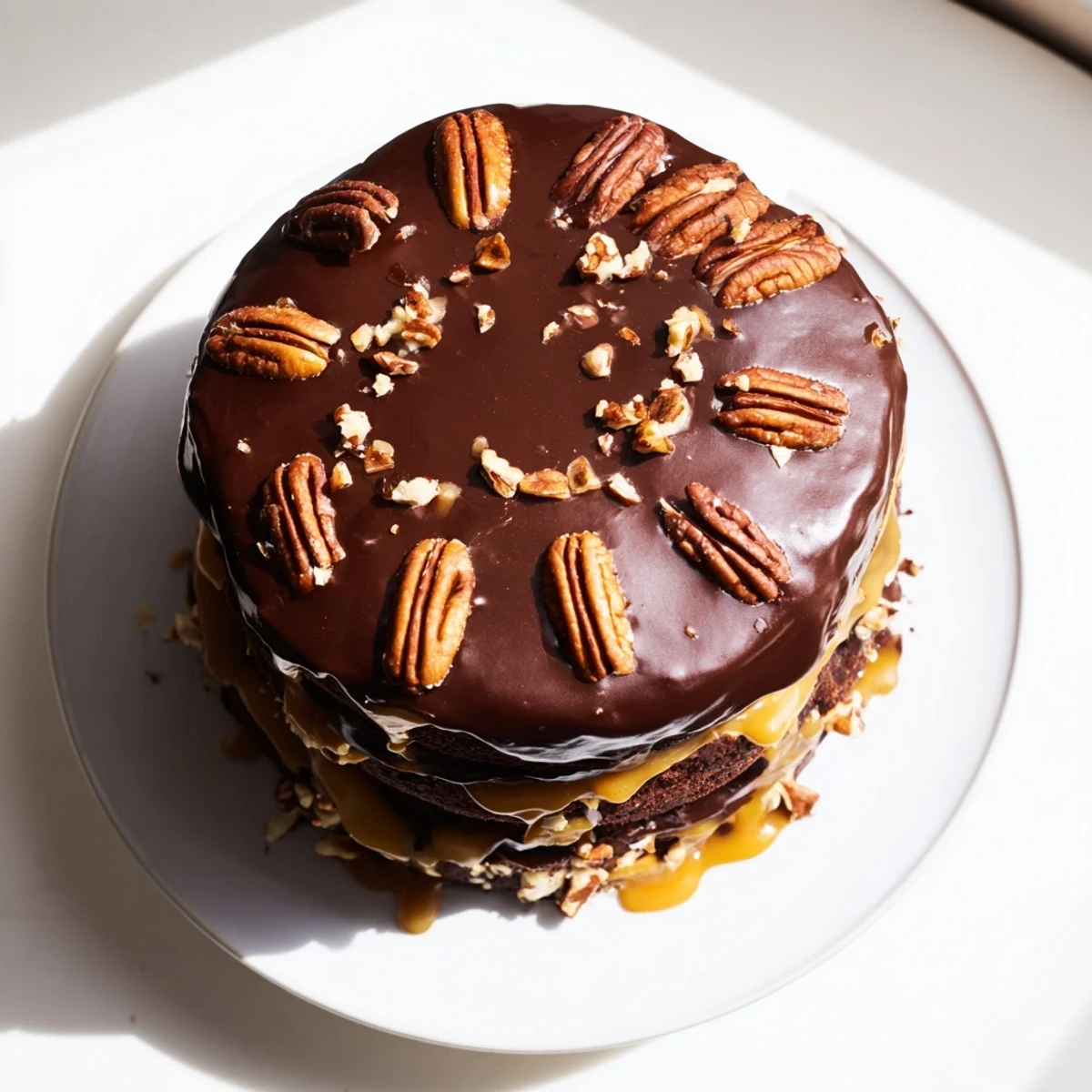 Decadent layered chocolate turtle cake showcasing gooey caramel filling and glossy chocolate ganache frosting