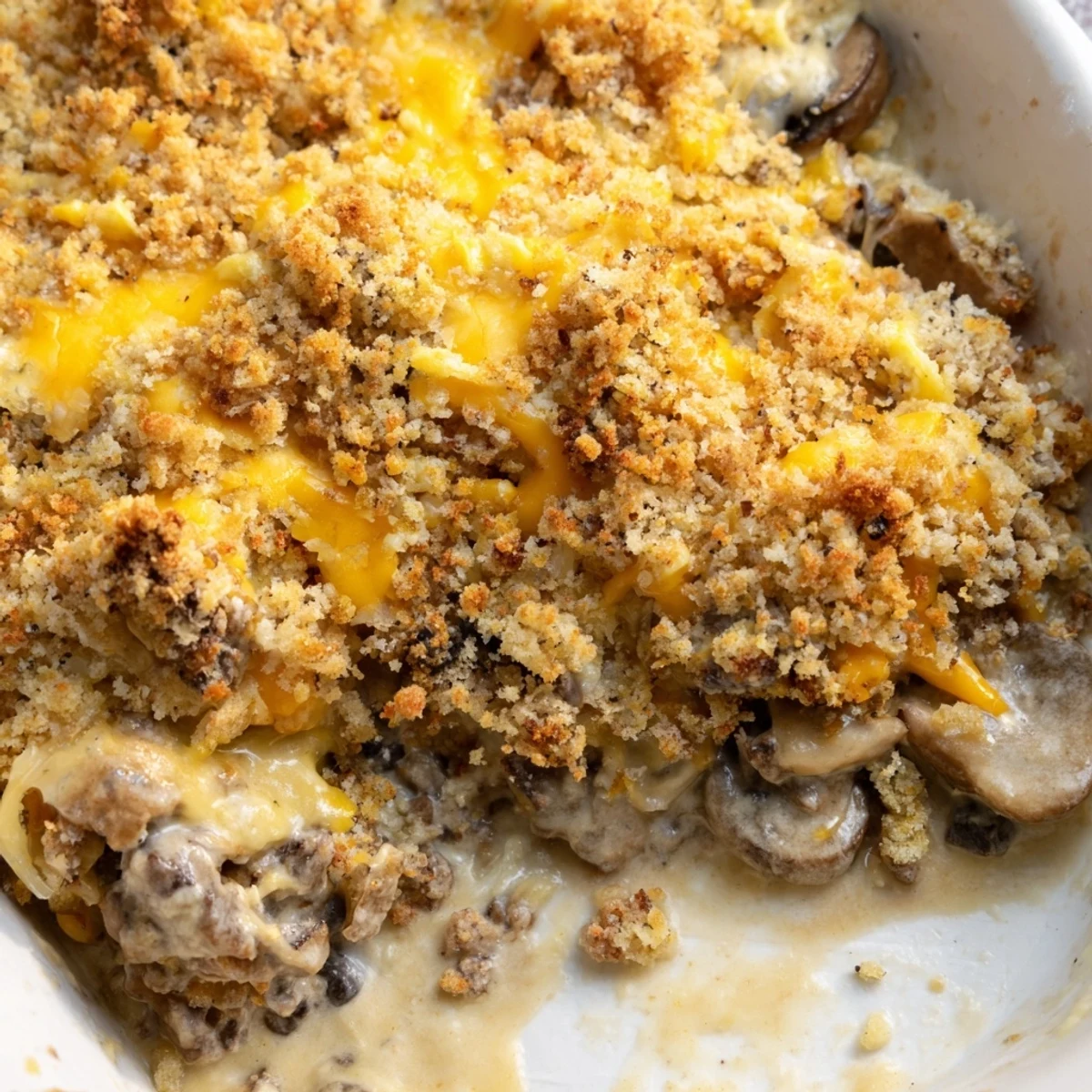 Golden bubbly hamburger mushroom bake with melted cheddar and crispy buttery breadcrumb topping