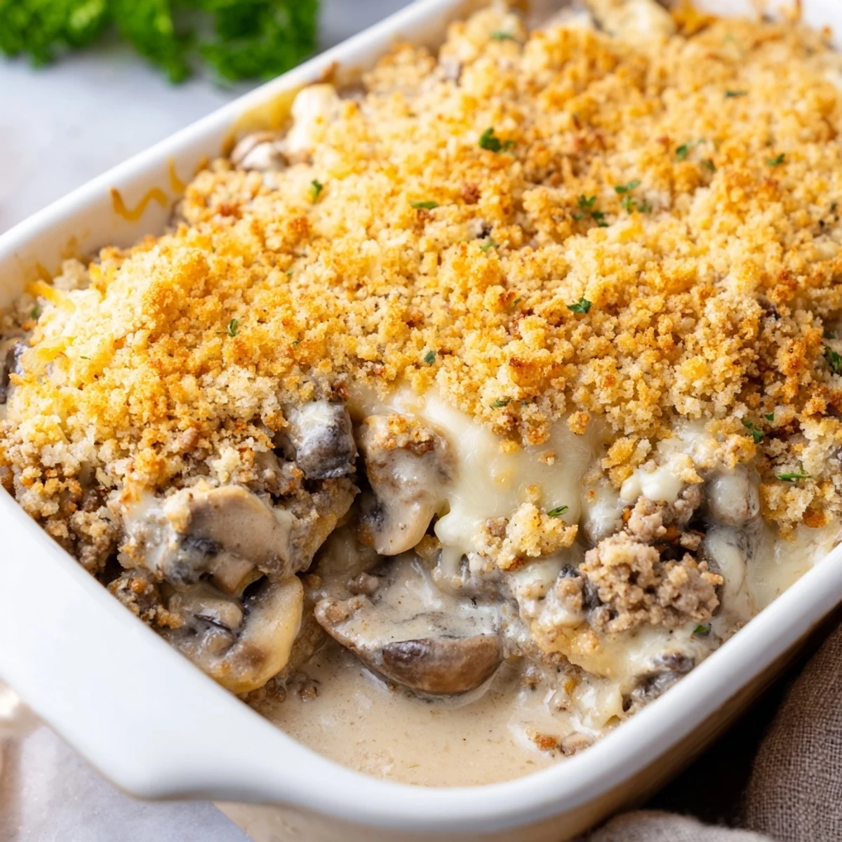 Savory ground beef and mushroom casserole topped with melted cheese and crunchy crumbs