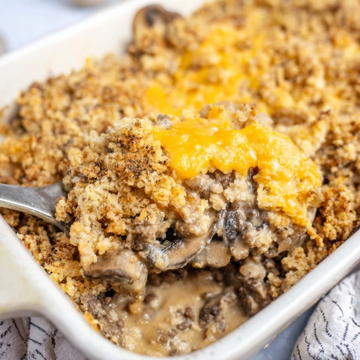 Creamy hamburger mushroom bake fresh from oven with golden brown buttered crumb topping