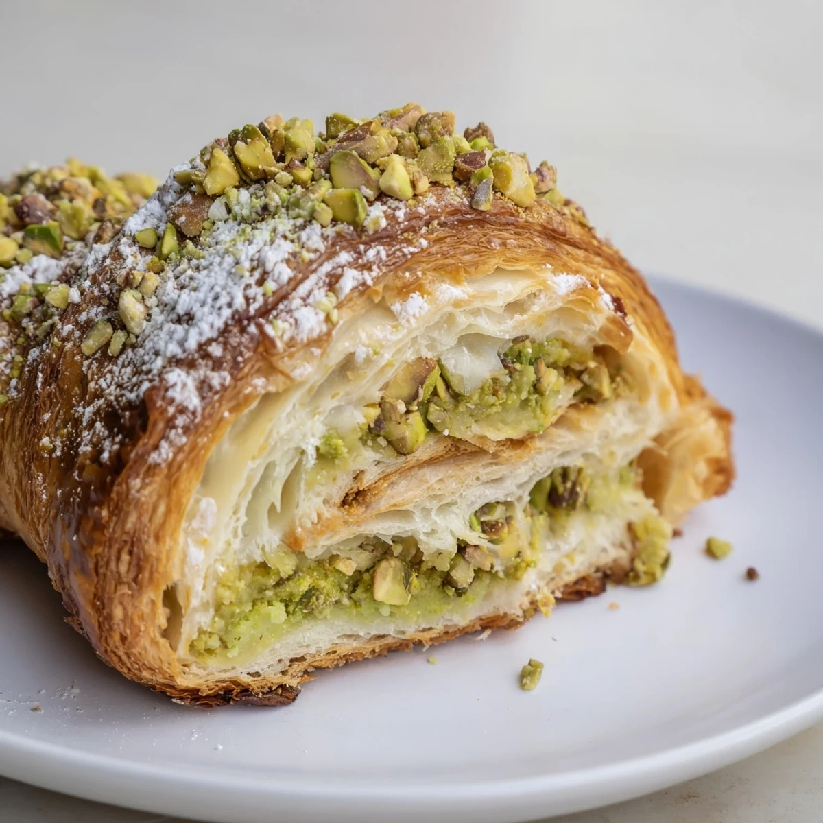 Golden brown pistachio croissants filled with creamy nut paste and dusted with powdered sugar
