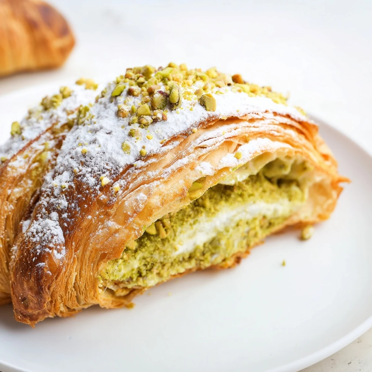 Flaky buttery pastries split and stuffed with rich green pistachio cream for breakfast
