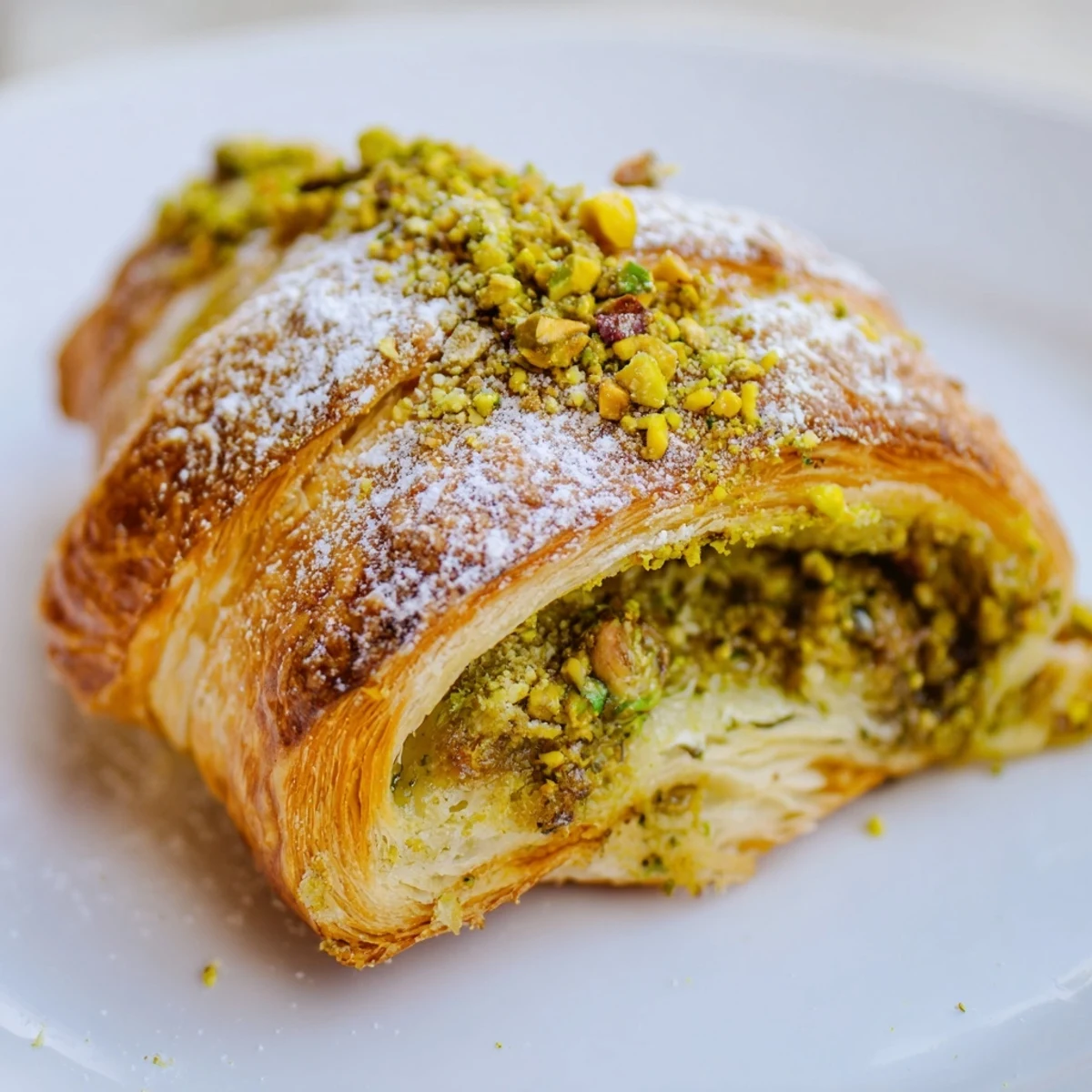 Freshly baked French croissants topped with chopped pistachios and sweet vanilla filling