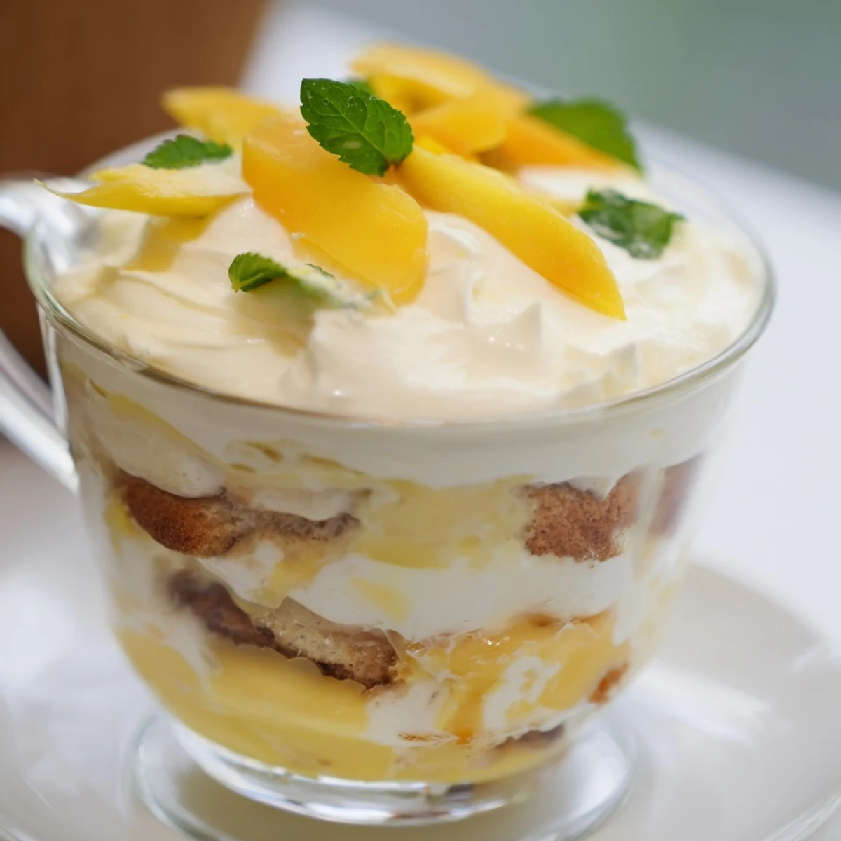 Golden mango tiramisu layered with coffee-soaked ladyfingers and creamy mascarpone topping