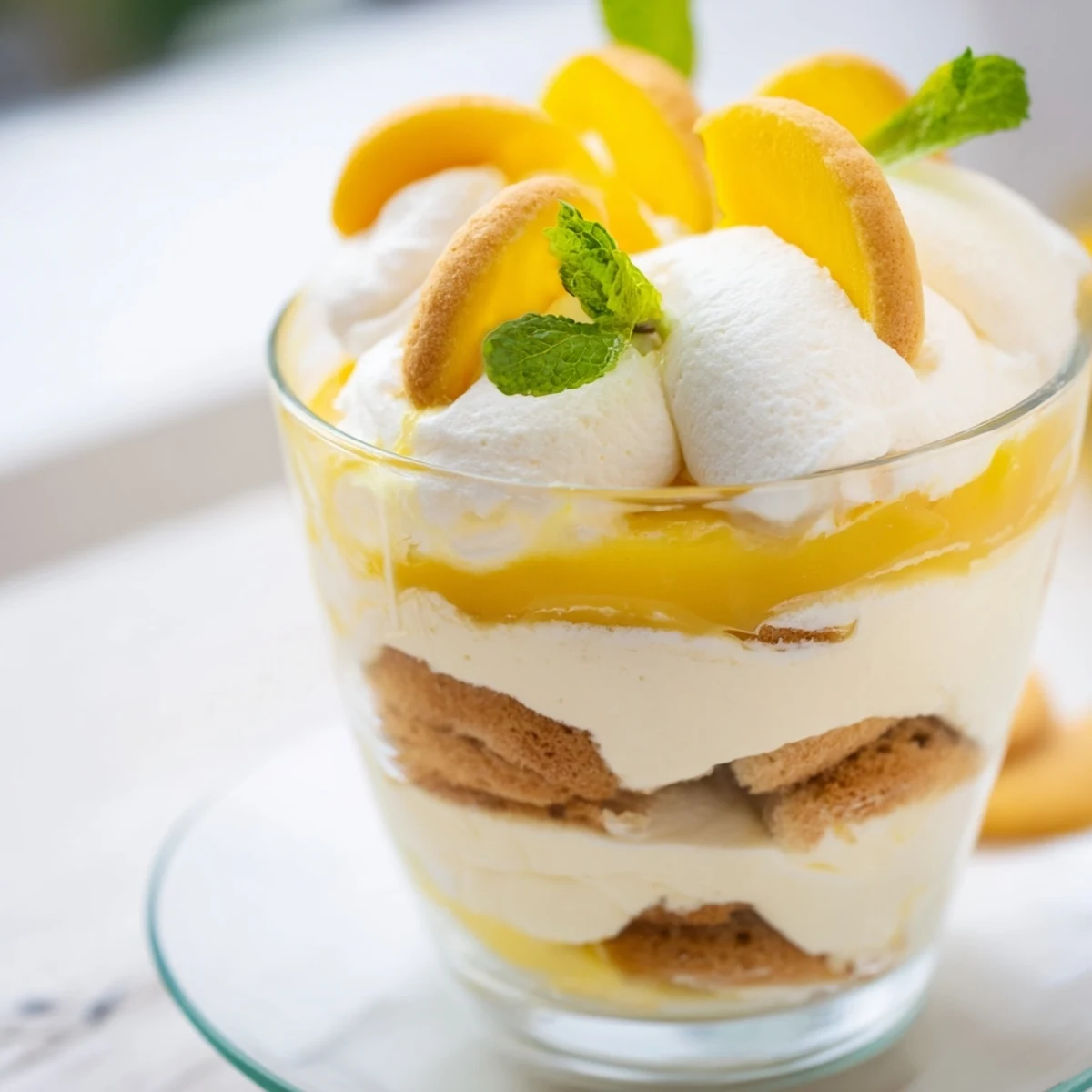 Glass serving dish displaying mango tiramisu with vibrant yellow puree and mint garnish
