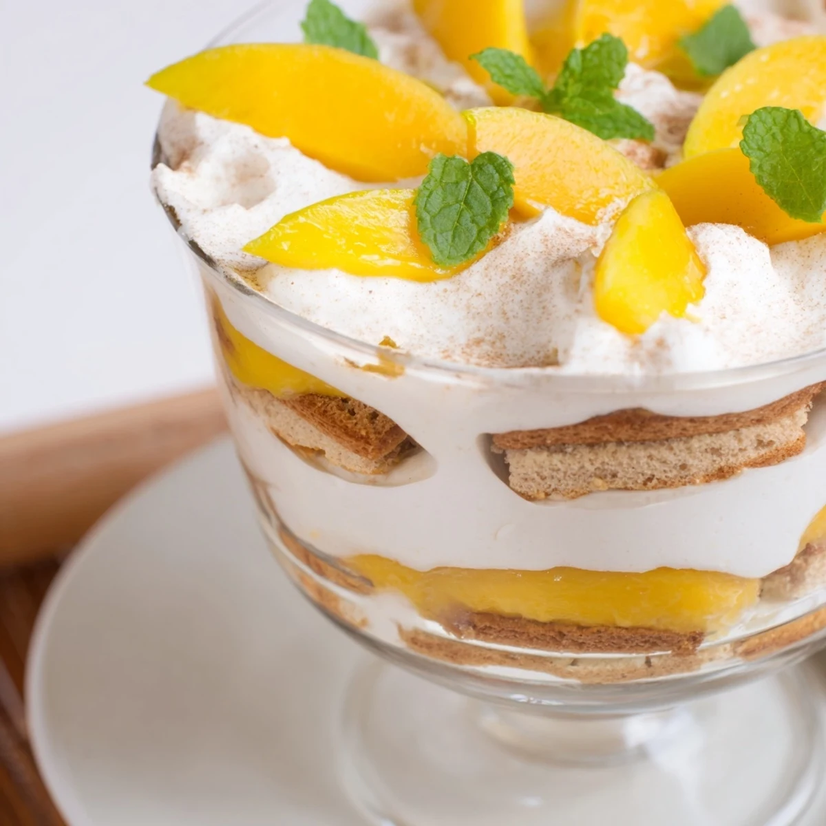 Tropical mango tiramisu dessert featuring fresh mango slices and fluffy white cream layers