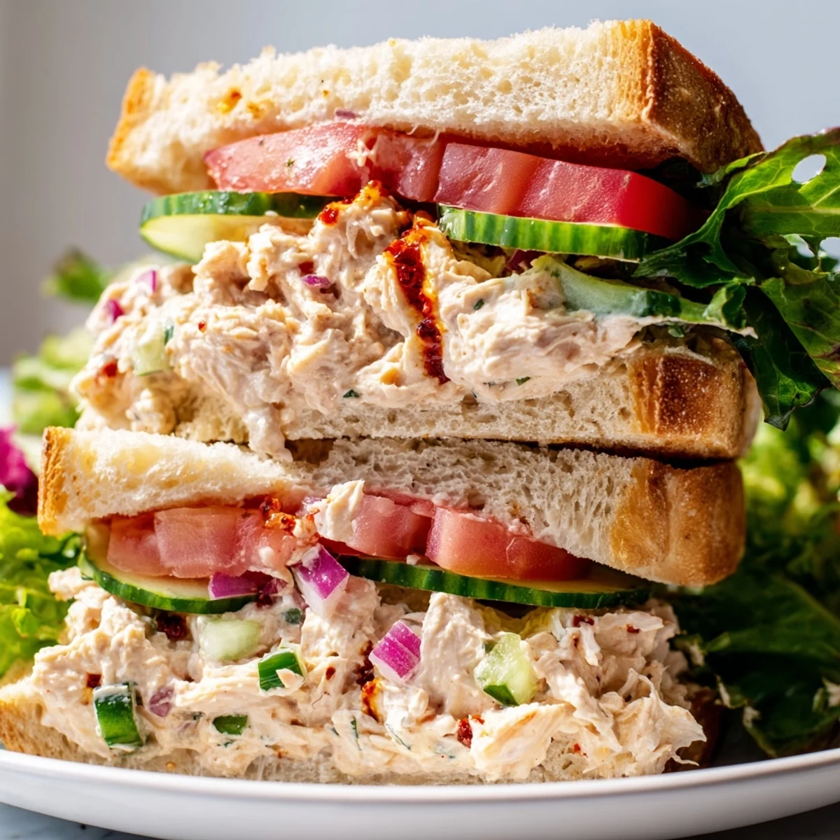 Golden chicken salad with spicy chili crisp layered between toasted bread slices with fresh cucumber and tomato