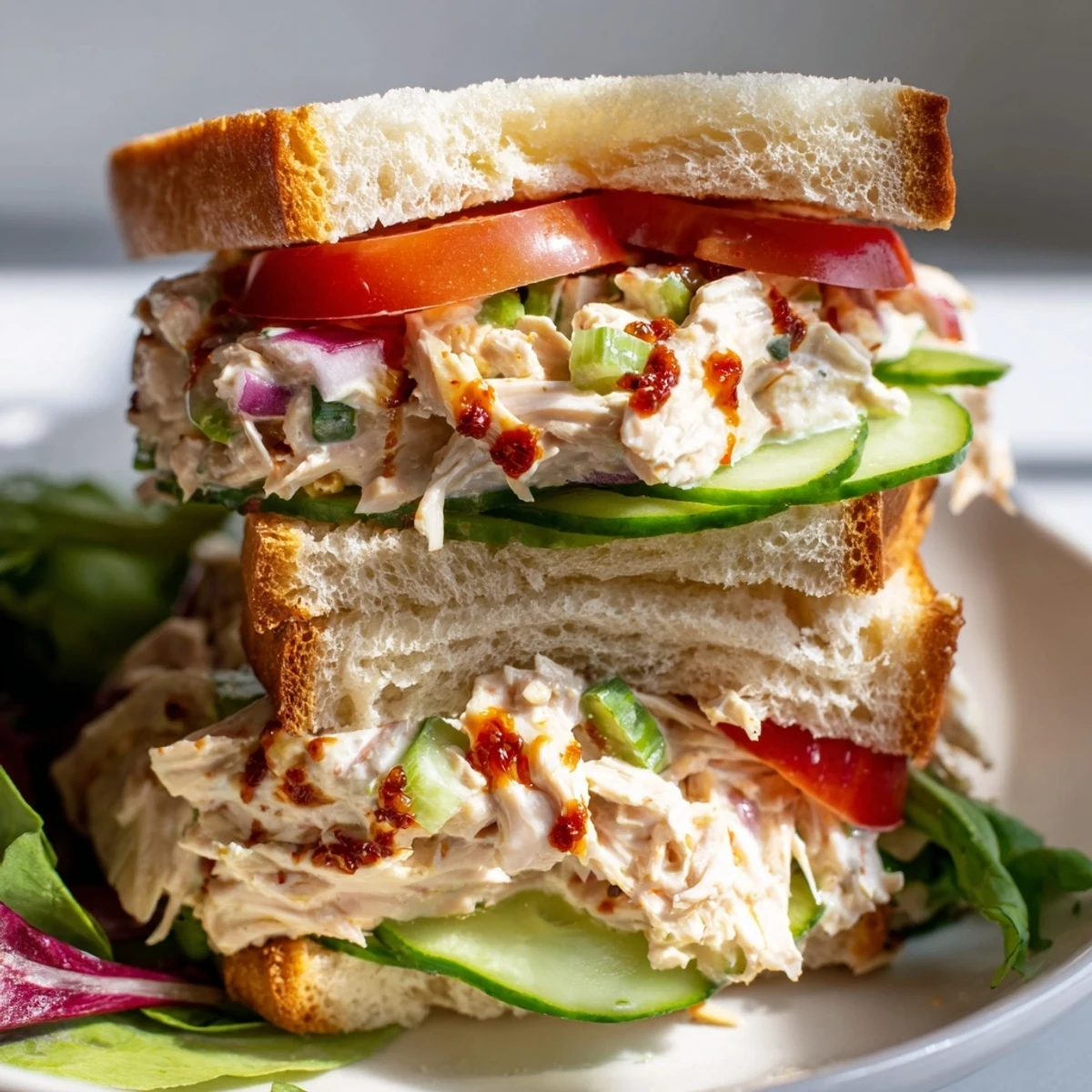 Stacked chicken salad sandwich featuring creamy chili crisp chicken on greens with crisp vegetables peeking out