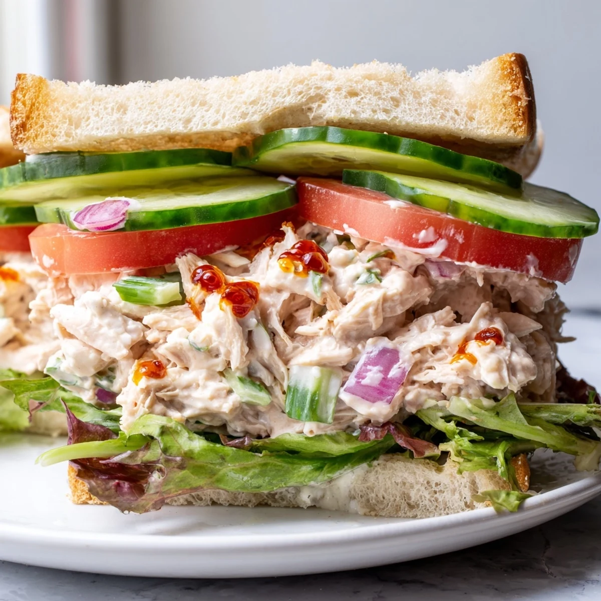Closed chicken salad sandwich with chili crisp oozing from edges alongside fresh salad greens and sliced tomatoes